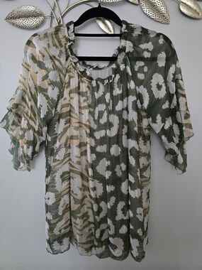 Women’s Silk Blend Olive & Cream Printed Peasant Blouse Ruffle Neck L